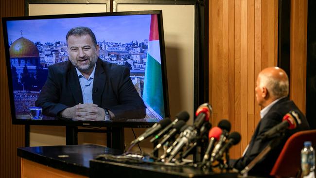 Senior Fatah official Jibril Rajoub attends a video conference deputy Hamas chief Saleh Arouri from the West Bank city of Ramallah. Picture: AFP