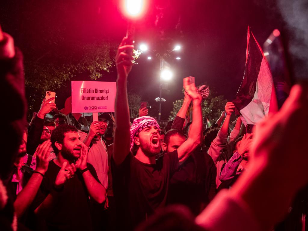 People gather in support of the recent attacks on Israel by the Palestinian militant group Hamas at Fatih Mosque in Istanbul. Picture: Burak Kara/Getty Images