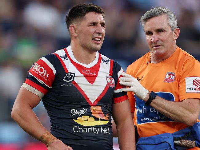 SYDNEY, AUSTRALIA - SEPTEMBER 01: Victor Radley of the Roosters reacts to an injury during the round 26 NRL match between Sydney Roosters and Canberra Raiders at Allianz Stadium, on September 01, 2024, in Sydney, Australia. (Photo by Cameron Spencer/Getty Images)