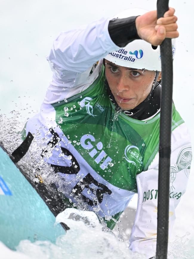 Noemie Fox competing in the Women's Kayak Teams Final.