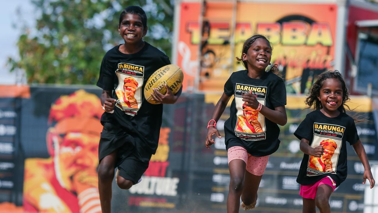 BARUNGA, AUSTRALIA L to R Tyquade Waterloo 11, Kiara Daniels 7 and Amaya Daniels 5 June 9 2023 - on the Bungull Ground ahead of the 3 day Barunga Festival a celebration of culture, sport and history. Picture Glenn Campbell/Bagala Aboriginal Corp