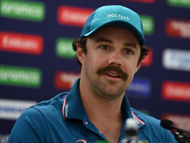 BRIDGETOWN, BARBADOS - JUNE 04: Travis Head of Australia speaks during a press conference as part of the ICC Men's T20 Cricket World Cup West Indies & USA 2024 at Kensington Oval on June 04, 2024 in Bridgetown, Barbados. (Photo by Gareth Copley/Getty Images)