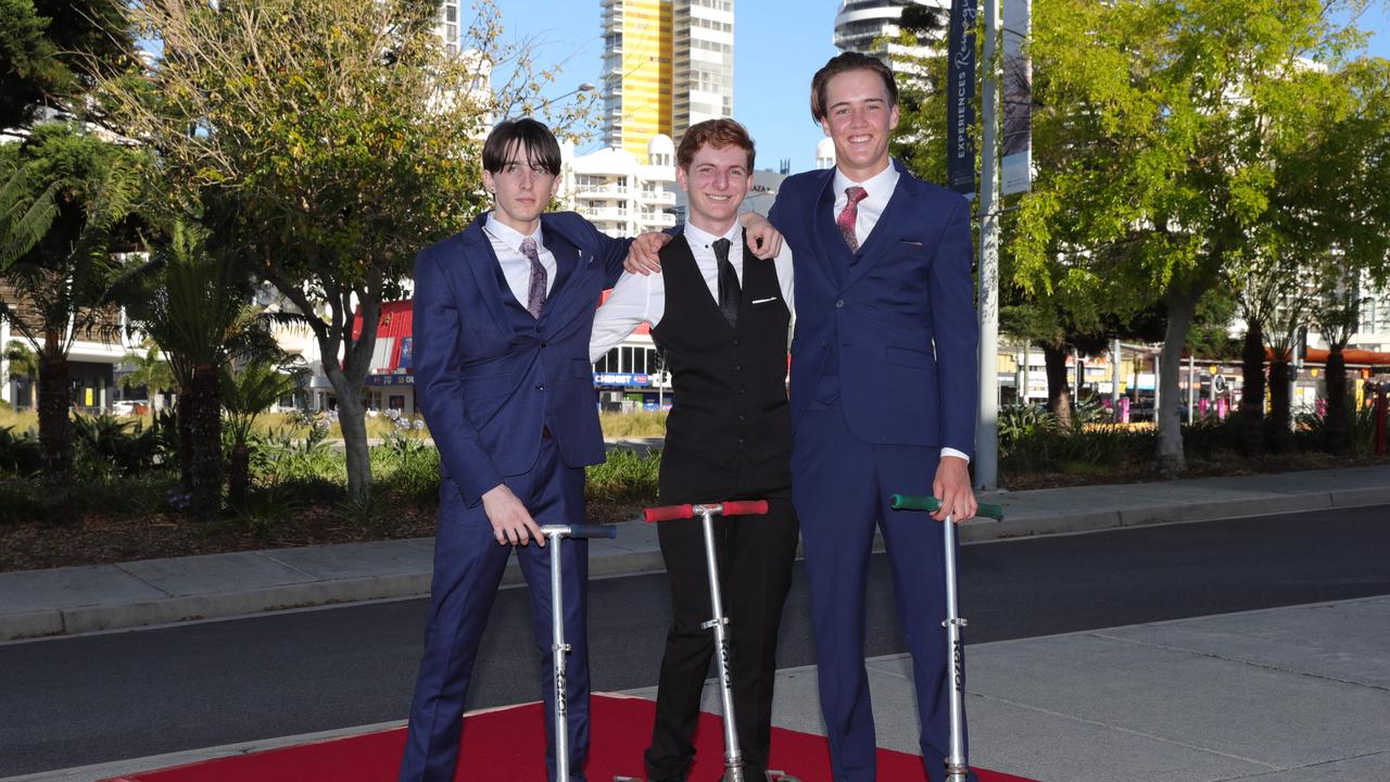 Palm Beach Currumbin State High formal at Gold Coast Convention Centre. On scooters, Matthew McCloy Angus Burn and Toby Cooper. Picture Glenn Hampson