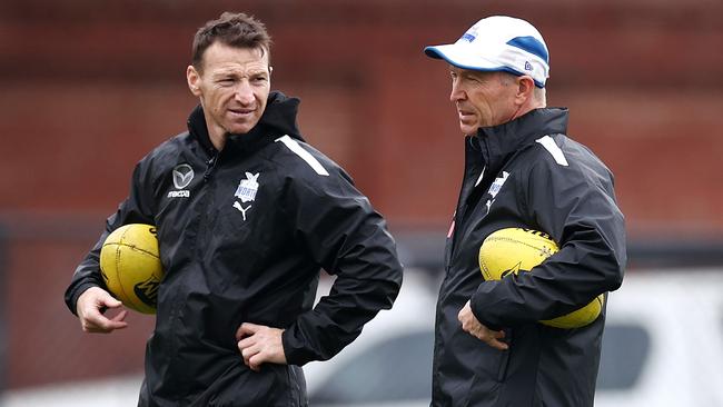 David Noble and Brent Harvey, who has the coach’s back. Picture: Michael Klein