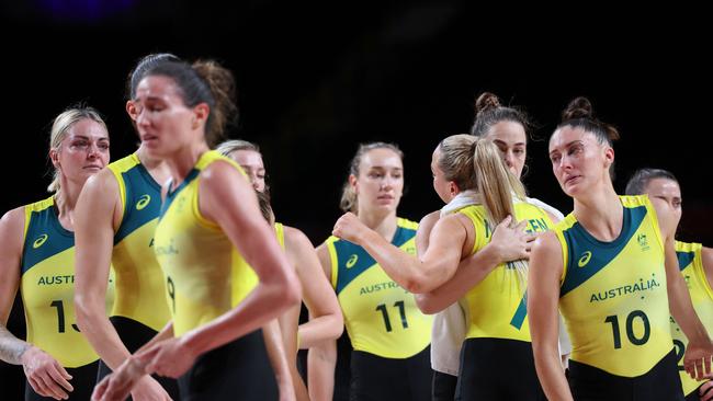 Devastated Opals after the crushing loss. Picture: Thomas Coex/AFP