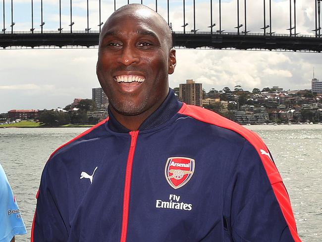 Arsenal FC legend Sol Campbell (r) with Sydney FC player Bobo (L) at the Sydney Opera Opera House overlooking the Harbour Bridge at a press call promoting Arsenal's matches in Australia later in the year. Picture. Phil Hillyard