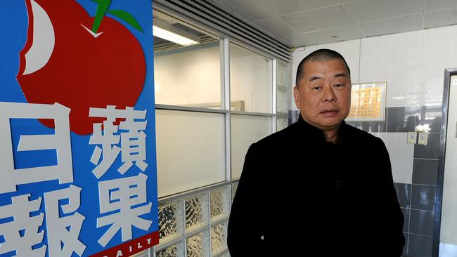 Hong Kong media tycoon Jimmy Lai outside his company's headquarters. Picture: AFP