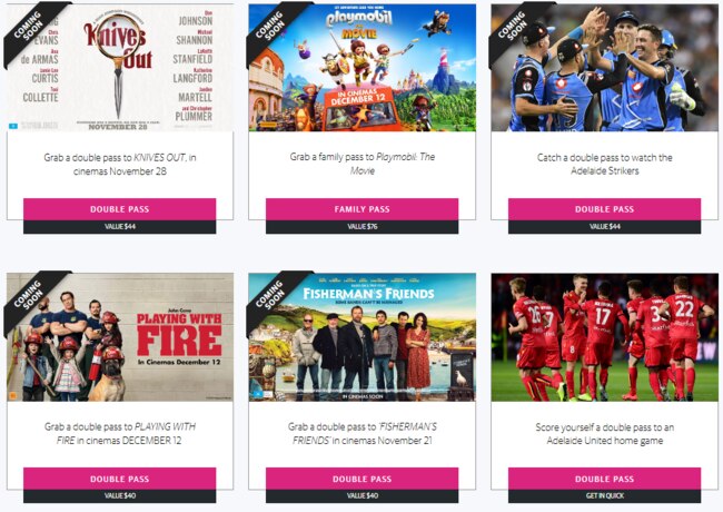 The Advertiser +Rewards subscriber offers for November include double passes to movies and top sporting matches.