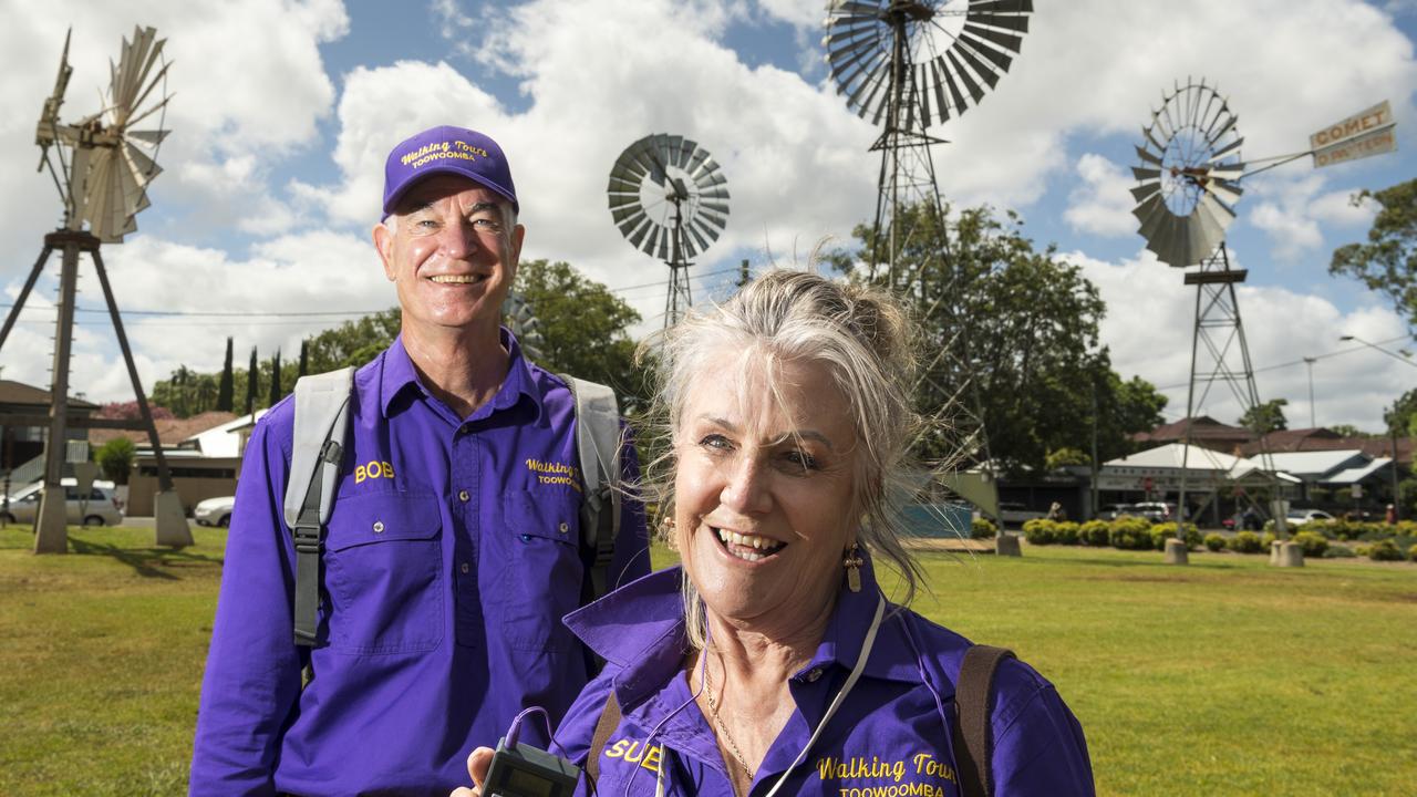 Bob Harvey and Sue McPherson of Walking Tours Toowoomba near the Cobb and Co windmill display on Lindsay St, Monday, February 1, 2021. Picture: Kevin Farmer