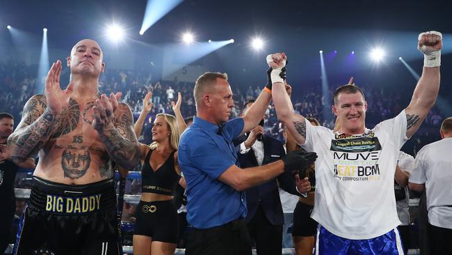 Paul Gallen celebrates after defeating Lucas Browne by TKO.