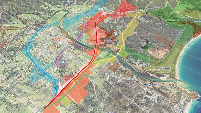 A map detailing the proposed Moruya bypass routes compiled by the Moruya Bypass Action Group.