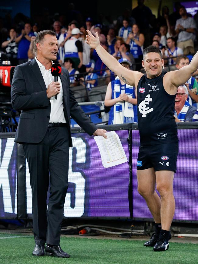 Brendan Fevola celebrates a goal during his halftime charity goalkicking challenge. Picture: Dylan Burns/AFL Photos via Getty Images.