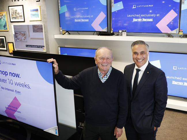 Harvey Norman executive chairman Gerry Harvey and Latitude Financial Services CEO Ahmed Fahour. Picture: John Feder