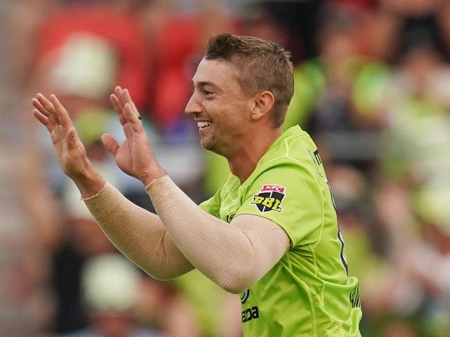 Daniel Sams of Thunder claims a wicket during the Big Bash League (BBL) cricket match between Sydney Thunder and Melbourne Stars at Sydney Showground Stadium in Sydney, Thursday, January 2, 2020. (AAP Image/Mark Evans) NO ARCHIVING, EDITORIAL USE ONLY, IMAGES TO BE USED FOR NEWS REPORTING PURPOSES ONLY, NO COMMERCIAL USE WHATSOEVER, NO USE IN BOOKS WITHOUT PRIOR WRITTEN CONSENT FROM AAP