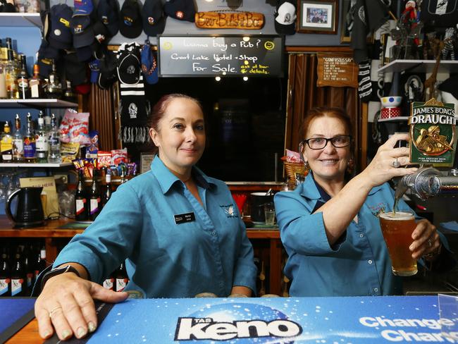 Maree Eyles and publican Kaylee Hattinger at the Great Lake Hotel which has become a staging post for the Miena firefighting effort. Picture: MATT THOMPSON