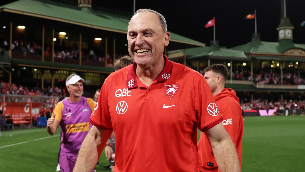 Sydney coach John Longmire celebrates after the Swans’ comeback qualifying final win over GWS Giants. Picture: Matt King / Getty Images