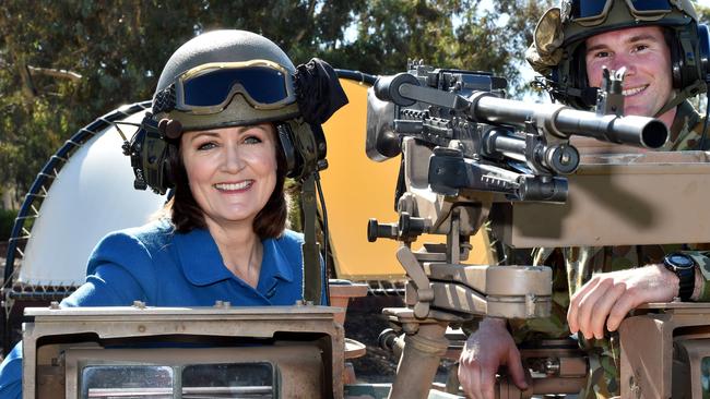 Liberal Senator Sarah Henderson in an ASLAV-25 pushing for Land 400 in 2015. Picture: Jay Town