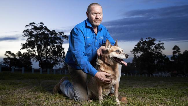 I blame 100 per cent on myself,’ says Rod Eather, with his dog Sheeba, near the home he shared with murdered wife Janine in Muswellbrook, NSW. Picture: Milan Scepanovic