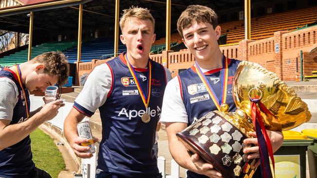 Jacob Kennerley and Sam Morris celebrating their Norwood 2022 SANFL Premiership.Picture: Tom Huntley