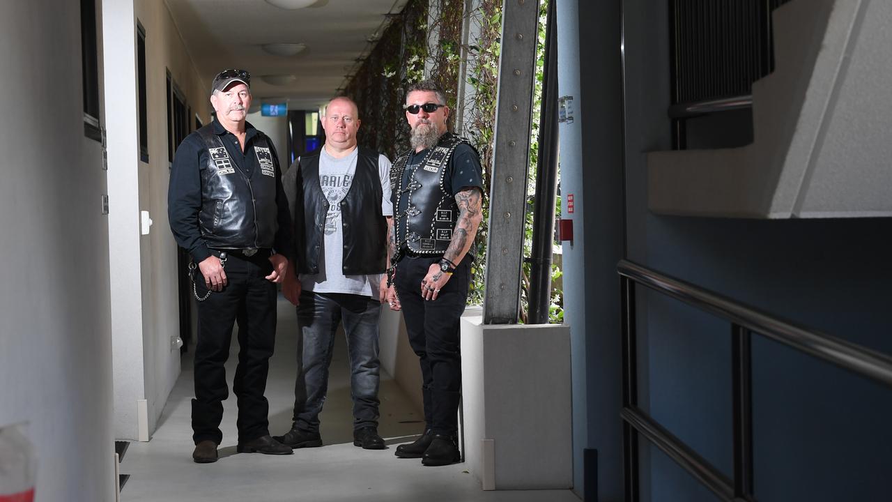 Sons of the Southern Cross Central Queensland chapter members Peter 'Wacky' Williamson, James ‘Pom’ Powell and James 'Knuckle' McGovern thanked the community for their help after the crash which took Pop’s life in 2019. Picture: The Northern Star/Marc Stapelberg