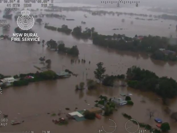 Footage from an emergency services helicopter has captured the extent of floods currently impacting Sydney. Image: NSWRFS