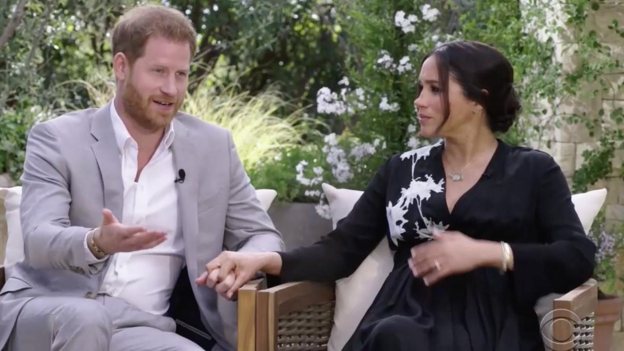 Harry and Meghan seen during interview with Oprah Winfrey. Picture: CBS