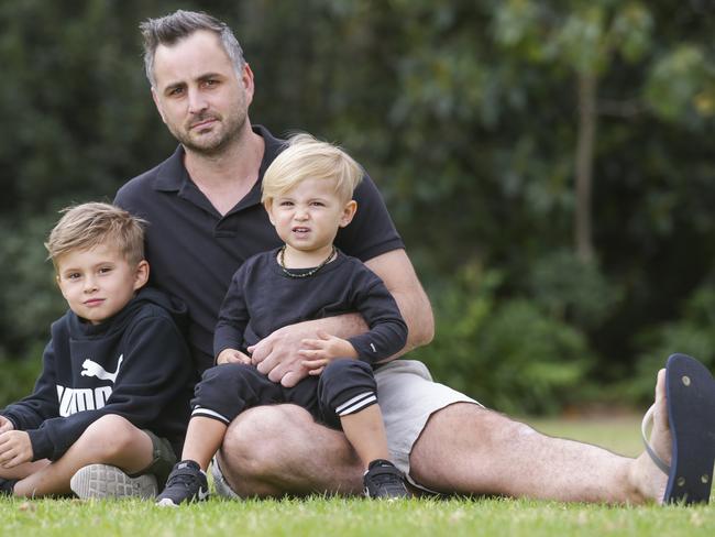 Former AFL player Ty Zantuck with his kids Jagger, 6, and Zepplin, 2. Picture: Wayne Taylor