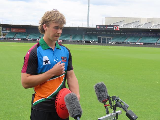 North Launceston draft prospect Ryley Sanders speaks to media at UTAS Stadium on Thursday. Picture: Jon Tuxworth