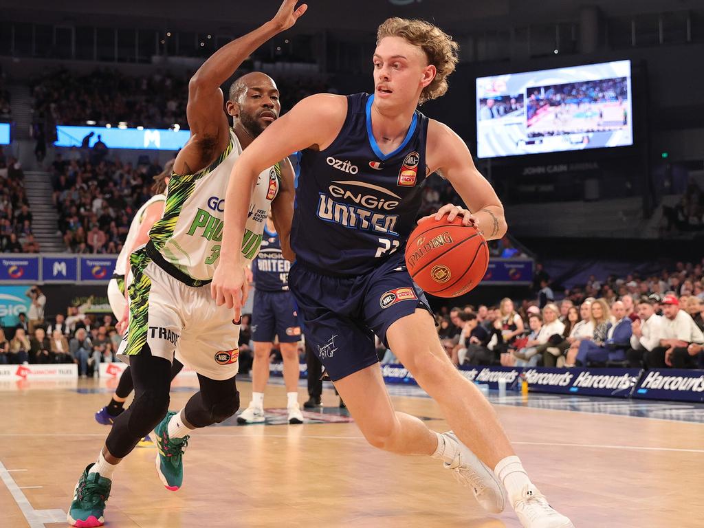 Luke Travers of United handles the ball during the round one NBL match between Melbourne United and South East Melbourne Phoenix at John Cain Arena. Photo: Kelly Defina/Getty Images.