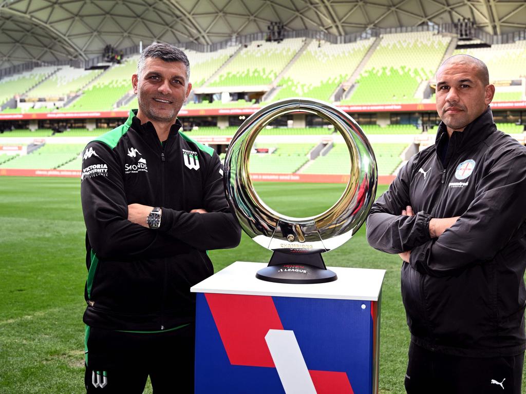 Rival grand final coaches John Aloisi (left) and Patrick Kisnorbo want clear space for the decider. Picture: William WEST / AFP