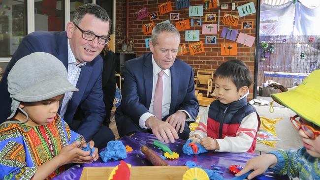 Opposition Leader Bill Shorten, centre, and Victorian Premier Daniel Andrews during a visit to a preschool in Melbourne. Picture: AAP