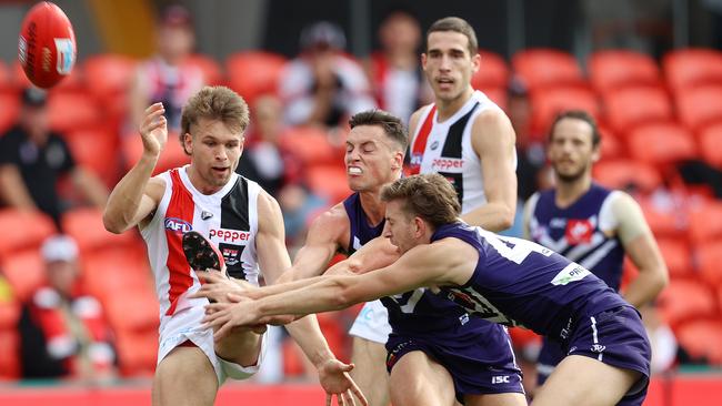 AFL Round 6. St Kilda vs Fremantle at Metricon Stadium, Gold Coast. 11/07/2020. Dan Butler of the Saints snaps a 1st qtr goal. Pic: Michael Klein