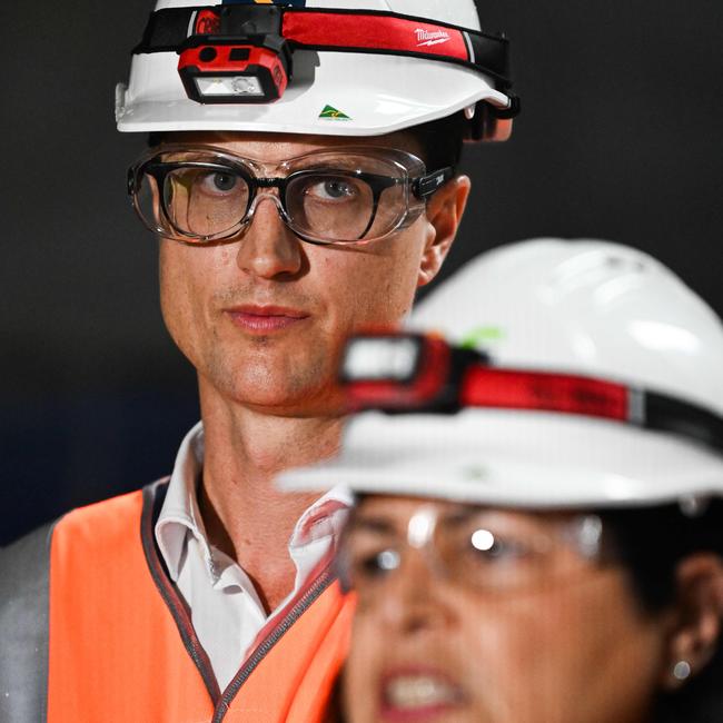 Queensland State Development and Infrastructure Minister Grace Grace and Transport Minister Bart Mellish visit the site of the Roma Street Cross River Rail station in Brisbane. Picture: Dan Peled