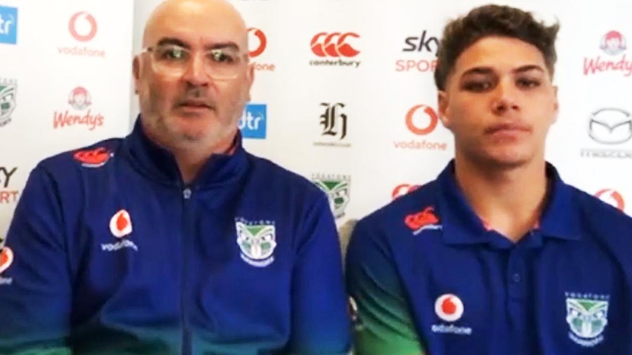 New Zealand Warriors CEO Cameron George and fullback Reece Walsh during a Zoom press conference.