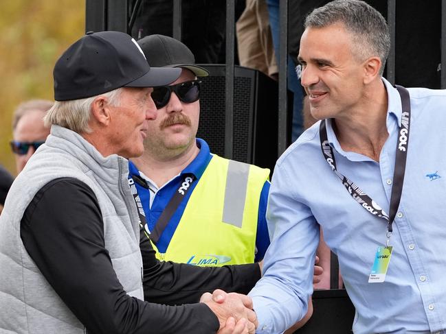 ADELAIDE, AUSTRALIA - APRIL 26: LIV golf boss Greg Norman (Left) shakes hands with Premier of South Australia Peter Malinauskas (Right) during LIV Adelaide at The Grange Golf Club on April 26, 2024 in Adelaide, Australia. (Photo by Asanka Ratnayake/Getty Images)