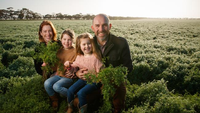 Phillipa and Skeet Lawson with their daughters, Georgia, 7, and Annabelle, 5, in their lentil crop at Pinnaroo in South Australia’s Mallee. Picture: Matt Turner