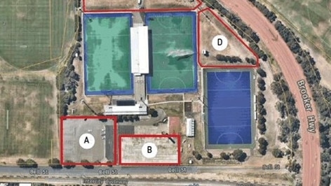 Site map of Tasmanian Hockey Centre, New Town. The area marked A has been identified as the potential location for a proposed medium-density housing development by Housing Choices and the Hobart Women's Shelter. Picture: Core Collective Architects