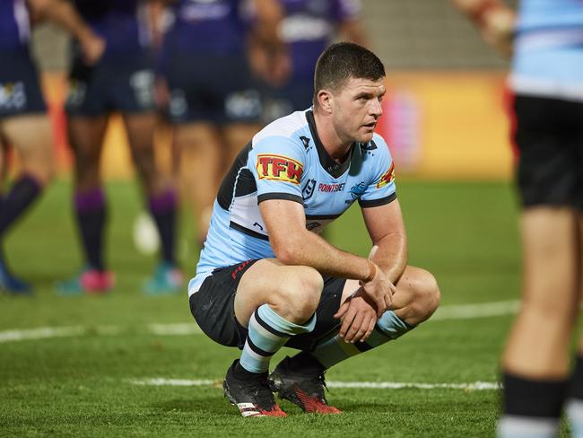 SYDNEY, AUSTRALIA - MARCH 21:  Chad Townsend of the Sharks shows his dejection after defeat during the round 2 NRL match between the Cronulla Sharks and the Melbourne Storm at Netstrata Jubilee Stadium on March 21, 2020 in Sydney, Australia. (Photo by Brett Hemmings/Getty Images)