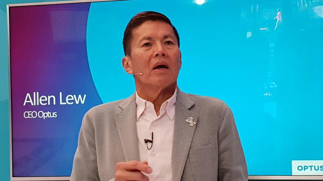 Optus CEO Allen Lew addresses the media at the Commonwealth Games