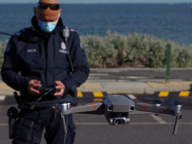 Leading Senior Constable Ruben Gilles piloting the new drone which will help catch people breaching COVID-19 lockdown. Picture:  Cheney Dodson