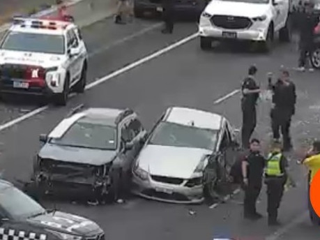 All outbound lanes of the Calder Freeway are blocked just after DFO Essendon, due to a multi-vehicle collision on Wednesday morning. Picture: VicTraffic/X