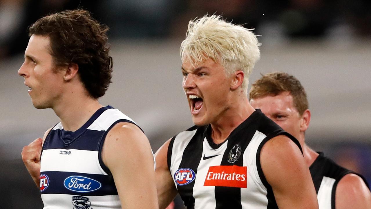 Jack Ginnivan celebrates a goal against Geelong.