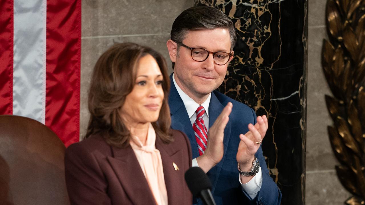 Speaker of the House Mike Johnson applauds as US Vice President Kamala Harris presides over a joint session of Congress to certify the results of the 2024 Presidential election. Picture: Allison Robbert/AFP