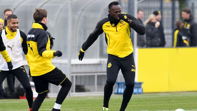 Usain Bolt training with Borussia Dortmund. The Mariners must determine his best position. Picture: AFP