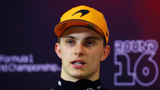 MONZA, ITALY - SEPTEMBER 01: Second placed Oscar Piastri of Australia and McLaren attends the Drivers Press Conference during the F1 Grand Prix of Italy at Autodromo Nazionale Monza on September 01, 2024 in Monza, Italy. (Photo by Clive Rose/Getty Images)