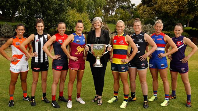 Then AFL Cup Ambassador Sam Mostyn poses for a photograph with the AFLW Captains in 2018 in Melbourne. Picture: Michael Willson/AFL Media