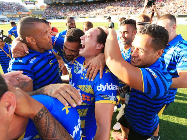 The Eels celebrate their win over the Warriors in the Final during the Auckland Nines day 2 at Eden Park, Auckland, New Zealand. pic Mark Evans