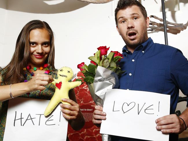 Kogi Galleghan and Nathan Sentance get ready for The Australian Museum's Anti-Valentine's Day event. Picture: John Appleyard