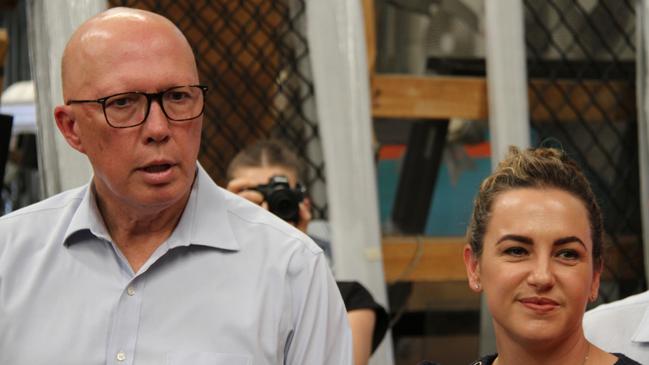 Federal Opposition leader Peter Dutton with NT Chief Minister Lia Finocchiaro in the GGS Glass factory in Alice Springs. Picture: Gera Kazakov