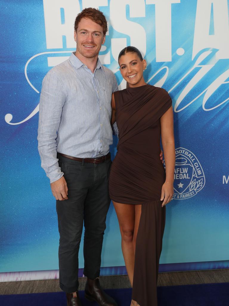 Geelong Cats’ AFLW best and fairest Blue Carpet arrivals at Kardinia Park — AFLW development coach and Cats premiership player Gary Rohan and Madi Rohan. Picture: Mark Wilson